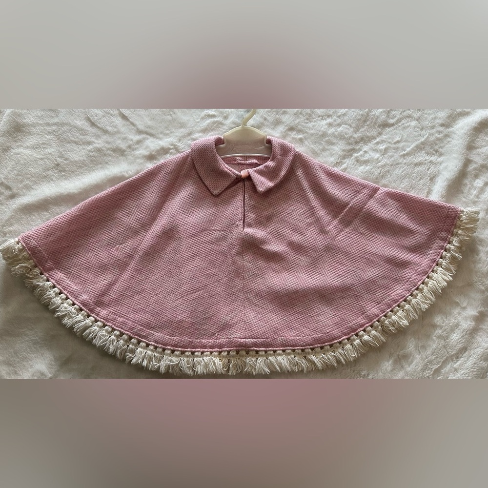 Handmade Wool Knit Fringe Poncho Kid's Childrens 2yr-5yr 1960s 1970s Vintage 90s